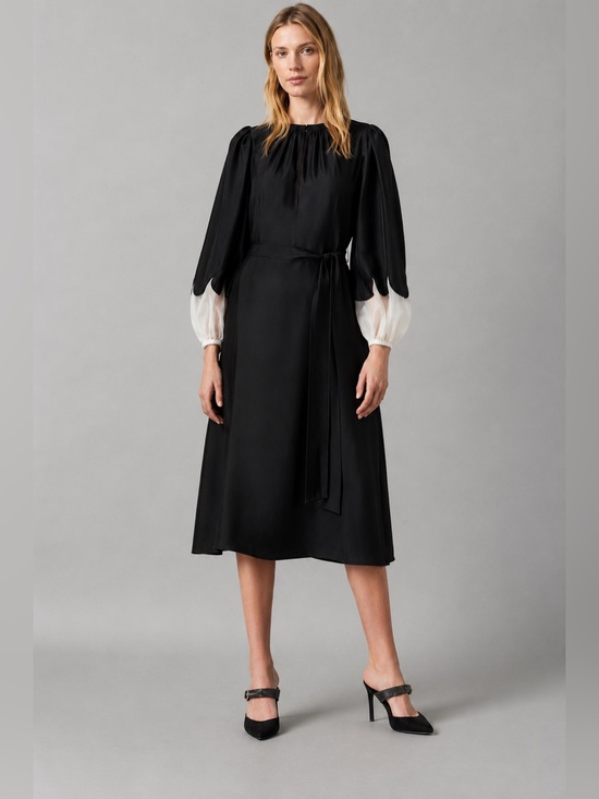 Tory Burch Dresses & Skirts - Tory Burch Scalloped Sleeve Silk Midi Dress Black Ivory White Luxury NWT 8
